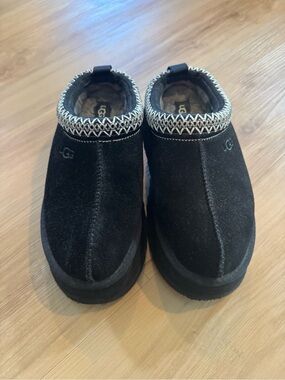 UGG Platform Black Suede Cozy Slip-On Clogs with Braided Trim